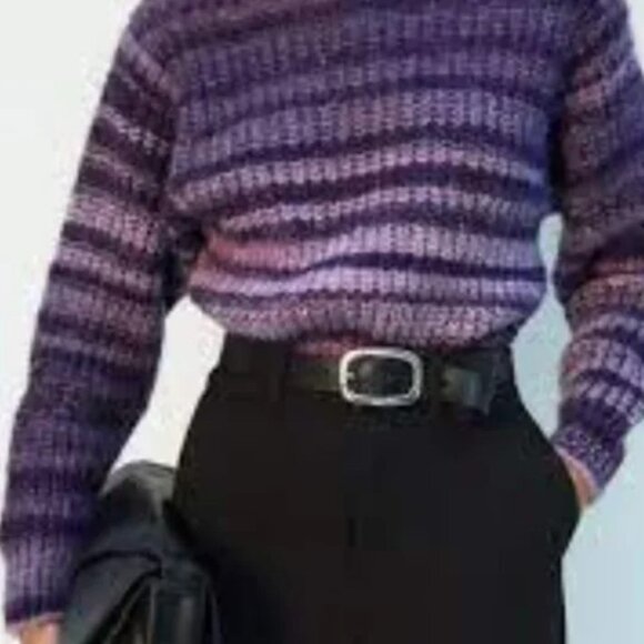 Stylish Zara Purple Striped Chunky Knit Mock Neck Pullover Sweater Size L - Picture 2 of 10